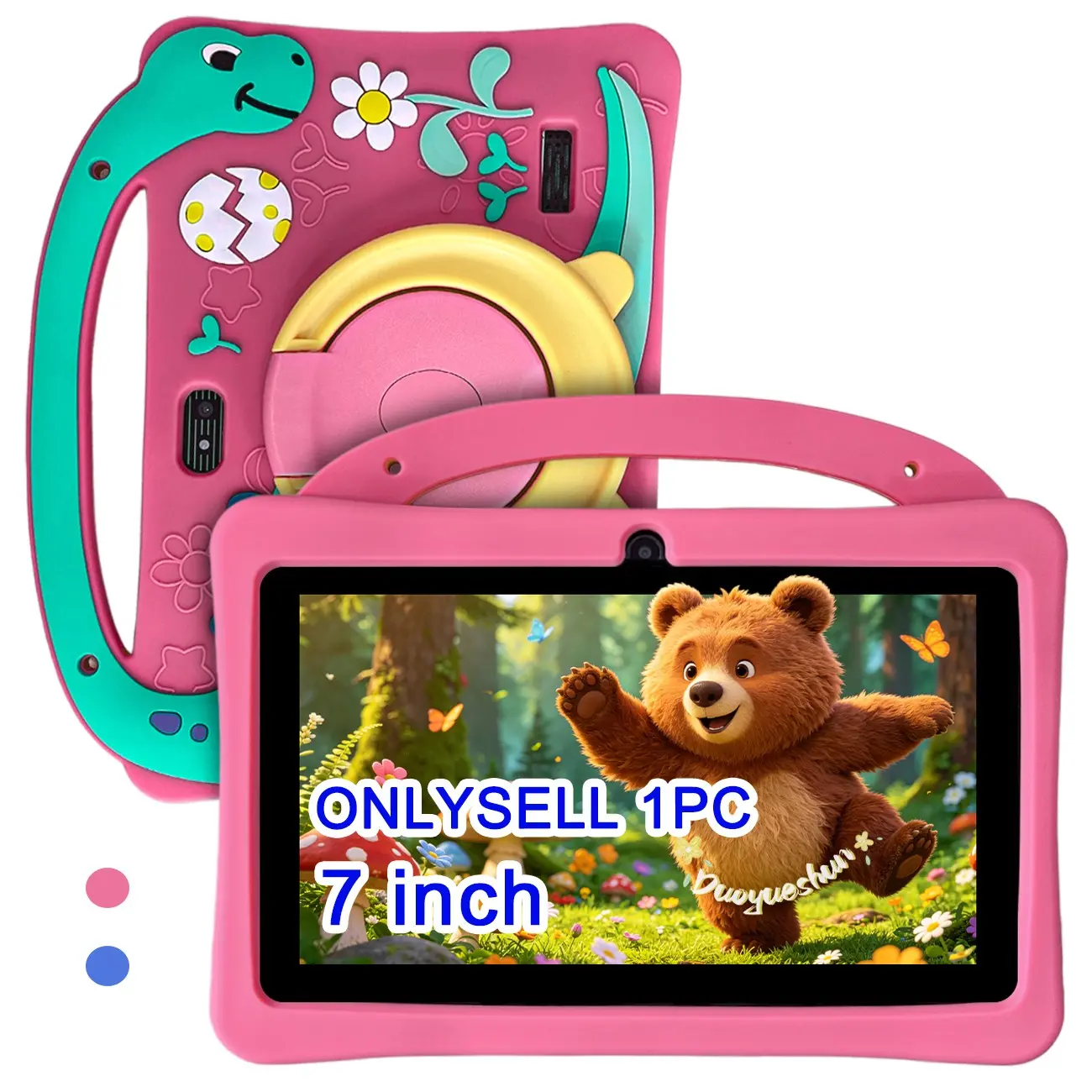 Back to School 7-inch portable Android kids learning tablet with WiFi, dual HD cameras and full shockproof shell, smart parental control, compatible with various early education apps, blue & pink optional, great gift for kids on birthdays & Christmas