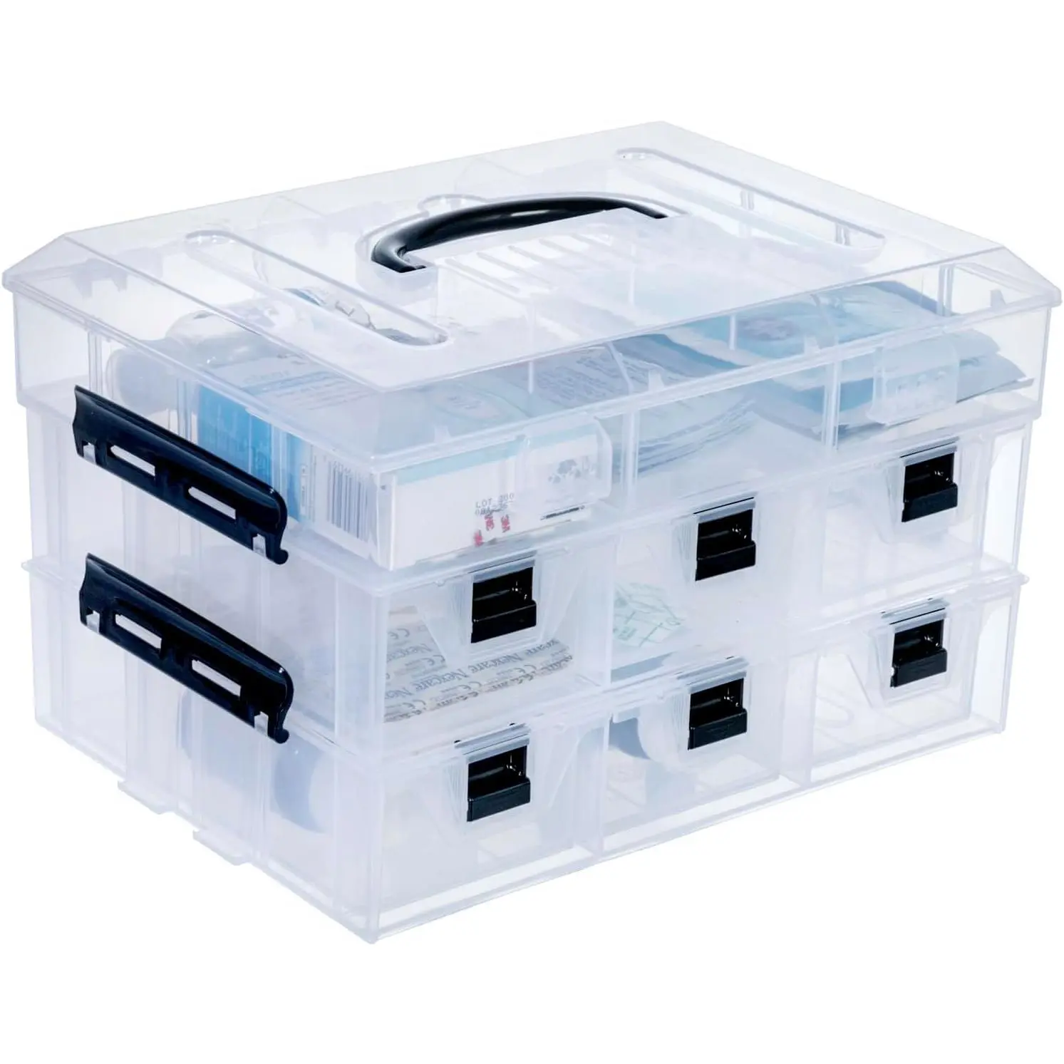 11 Inch Clear Plastic Storage Box Container, Arts and Crafts Sewing Supplies Organizer Case with Black Accents, 24 Customizable Compartments, and 6 Drawers with Removable Dividers