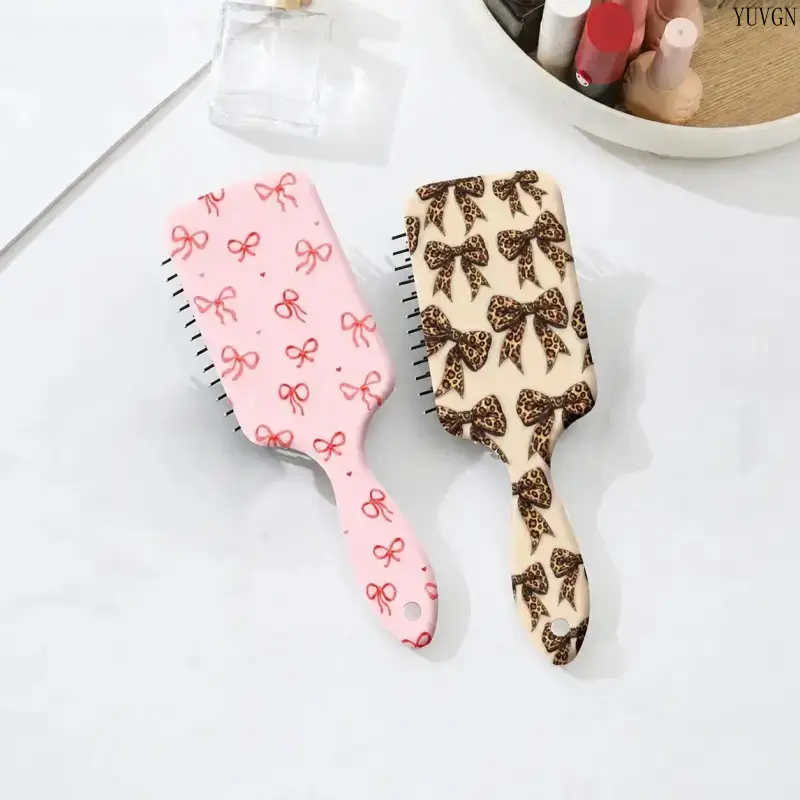 Leopard Print Hair Brush 2-Piece Set for Women, Cushion Brushes for Gentle Detangle, Travel Ready for Daily Styling with Bow Design