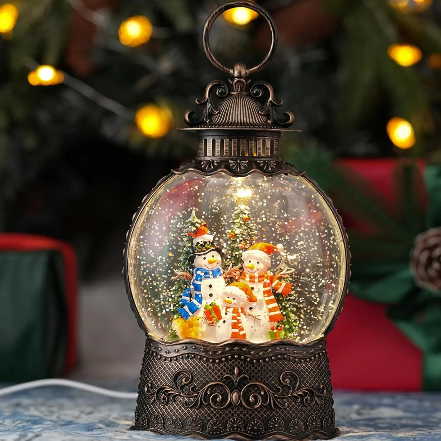 Snow Globe with Snowman Family Light Up Christmas Snow Globes with Music Timer USB Plug or Battery Operated Glitter Globe Indoor Christmas Decorations