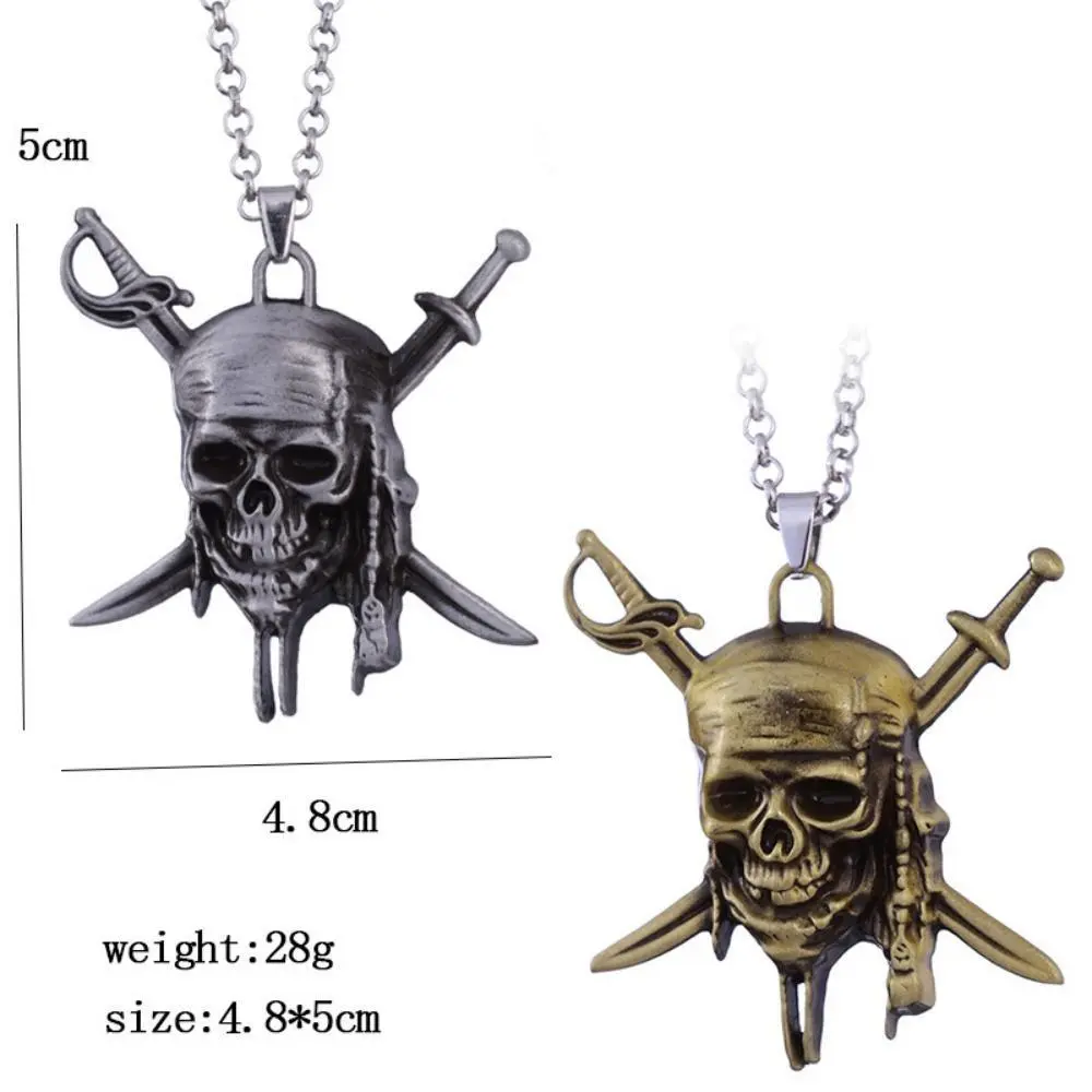 Pirates of the Caribbean Movie Theme Necklace, Jack Sparrow Aztec Skeleton Skull Pendant Punk Medallion Vintage Costume Jewelry Collectibles, 4.8cm*5cm Pendant, 50cm Chain, Aztec Skeleton Skull Heads