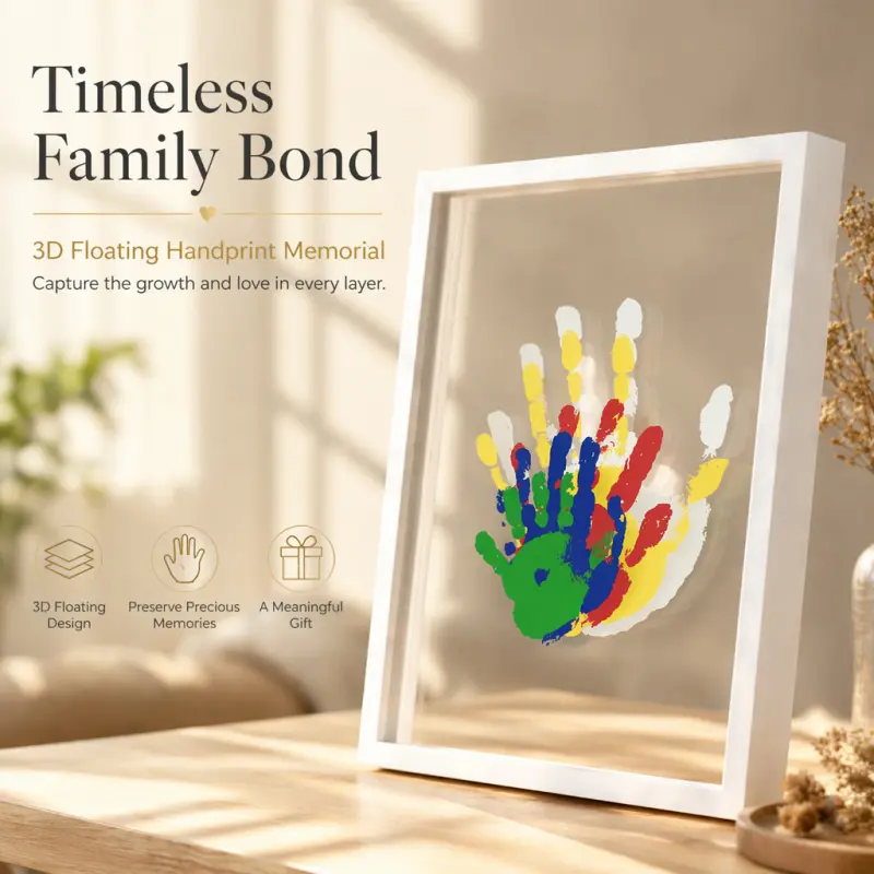 3D floating family handprint memorial high quality wooden framed frame transparent layered hand print keepsake photo frame meaningful newborn family souvenir gift