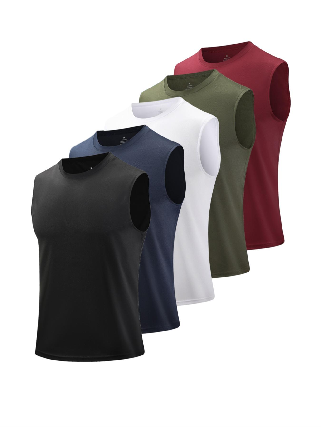 Men's 5pcs Solid Round Neck Sleeveless Sports Vests, Breathable Comfortable Quick Drying Sweat-absorbing Tank Tops for Outdoor Activities, Sport & Outdoor Clothing for Summer