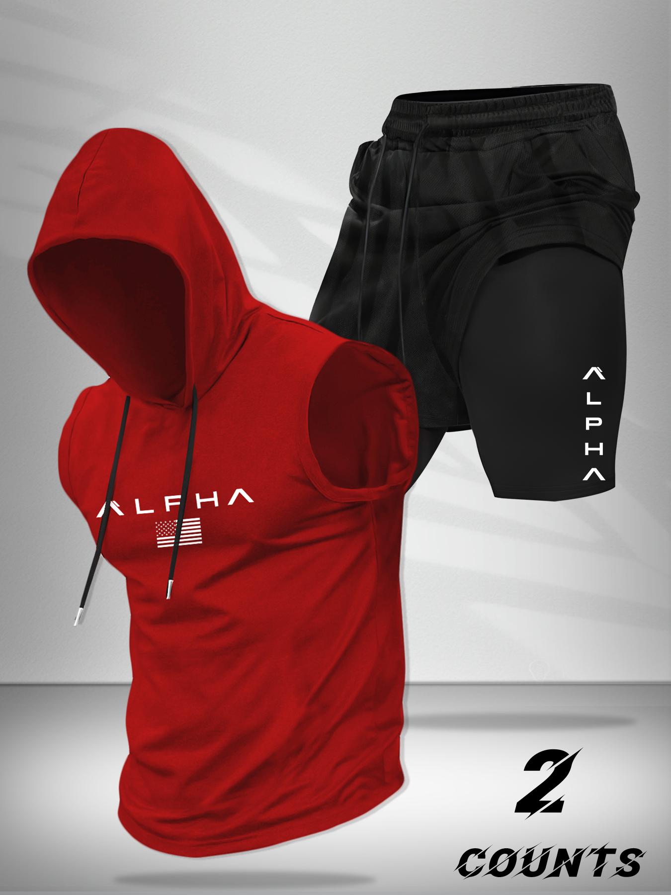 Hooded Vest and Gym Shorts Two-Piece Set, Casual Summer with Letter Pattern, Fitted Knitted Sportswear for Active Lifestyle, Sportswear Running Fitness, Workout Running Clothes, Streetwear Tracksuit Set