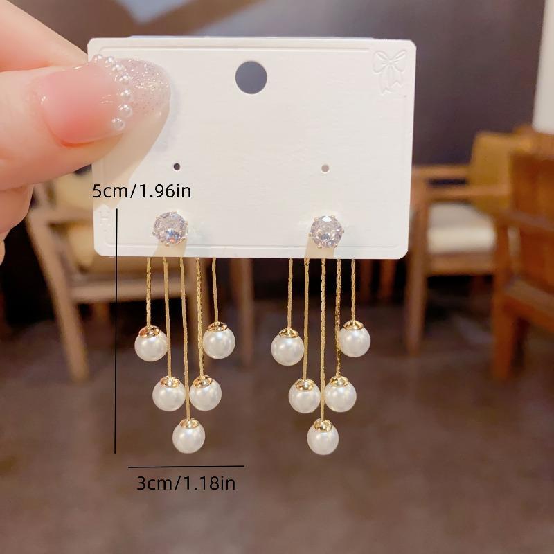 1 Pair Faux Pearl Dangle Earrings, Drop & Dangle, Shiny Zirconia Accents, Elegant Ear Jackets, Banquet-inspired Style, Decorative Tassel Details, Hypoallergenic, Nickel-free, for Formal Occasions, Earrings for Fashion, Decoration