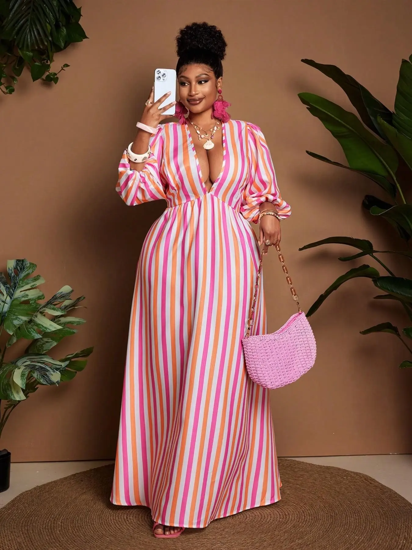 Plus Size Women's Striped Deep V Neck Lantern Sleeve A-Line Dress, Casual Y2K Style, Summer, Perfect for Daily Outing, Beach Vacation