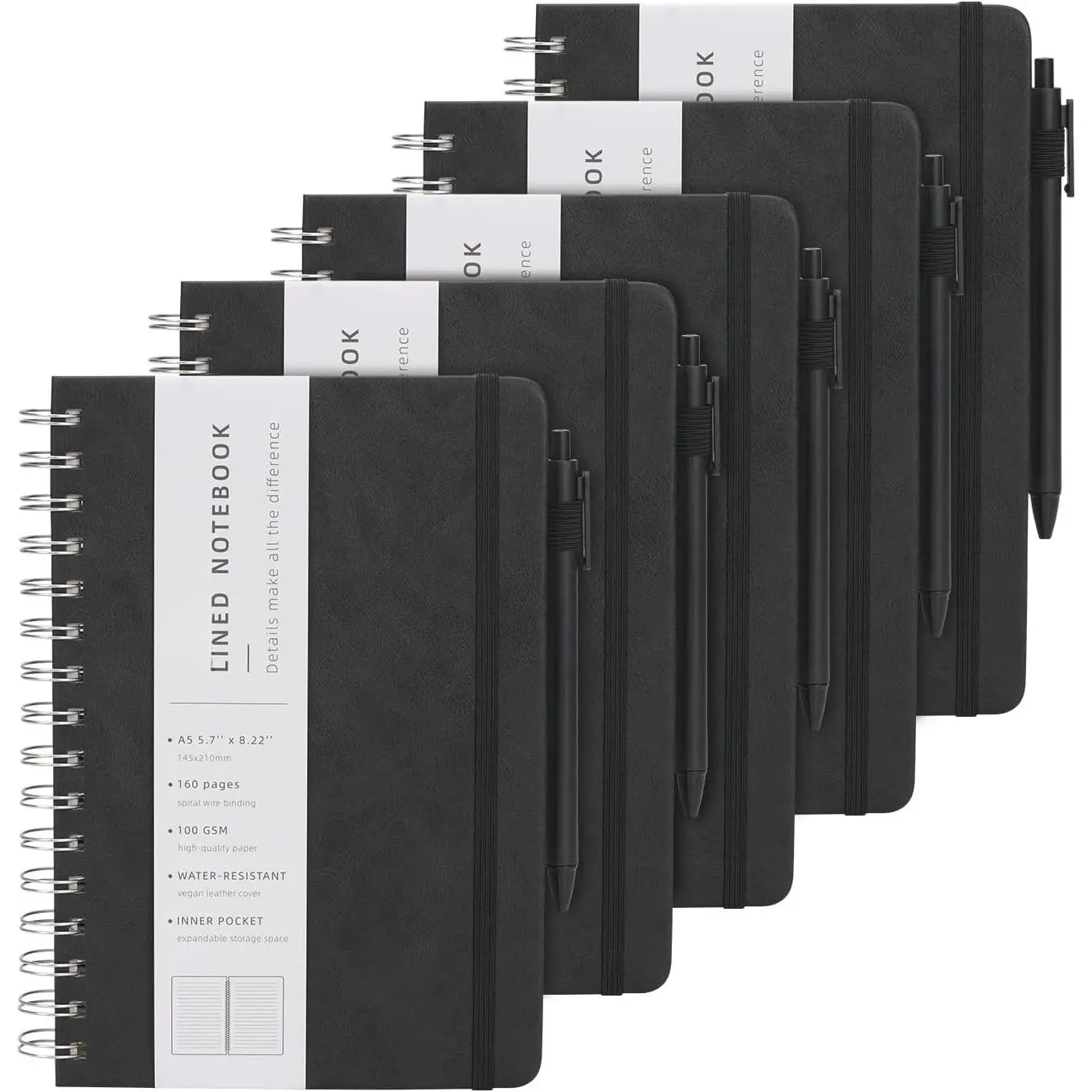 Spiral Notebooks Journal for Women Men 5 Pack Bulk Leather Hardcover with Pen Holder A5 160 Pages 100 GSM Thick Paper for Work School (Black)