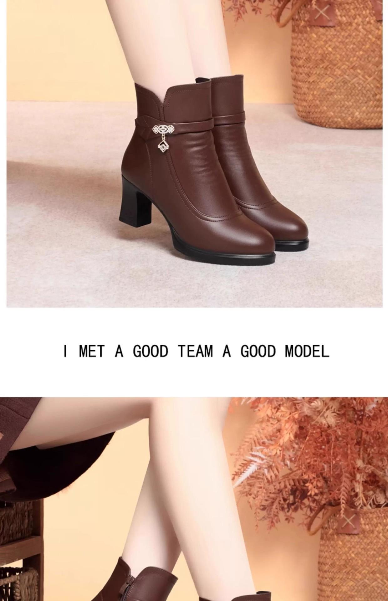 MOVRA1 Women'S -Encrusted Round-Toe Block Heel Ankle Boots with Zipper Closure & Plush Lining - Mid-Heel Winter Boots in Rich Brown, Faux Cover Upper & Rubber Sole, Elegant Casual to Semi-Formal Outfits Autumn/Winter, Comfortable & Durable Design