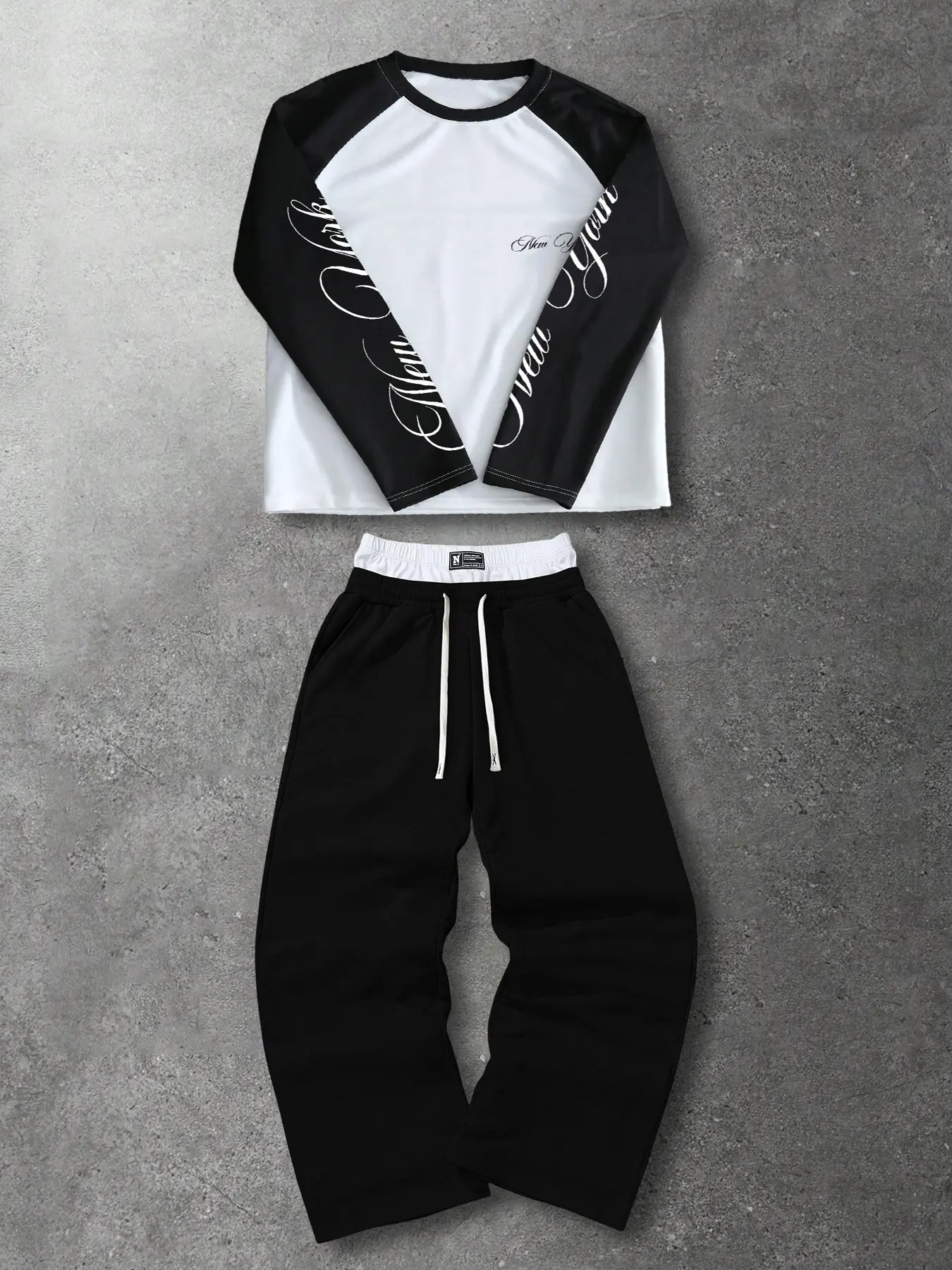 Viral Y2K Streetwear Two Piece Matching Set Spliced Raglan Long Sleeve Crew Neck Top With Chest Mini Graphic & Sleeve Script Print Soft Quick Dry Anti-Pilling Easy Care Athleisure Tracksuit Drawstring Waist Pants For Weekend Shopping Gym Workout Road Trip
