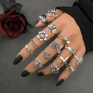 2026 Vintage Silver Rings Set - Men's & Women's Grunge Goth Butterfly Skull Dice Stackable Punk Jewelry for Eboy Egirl Streetwear Gifting