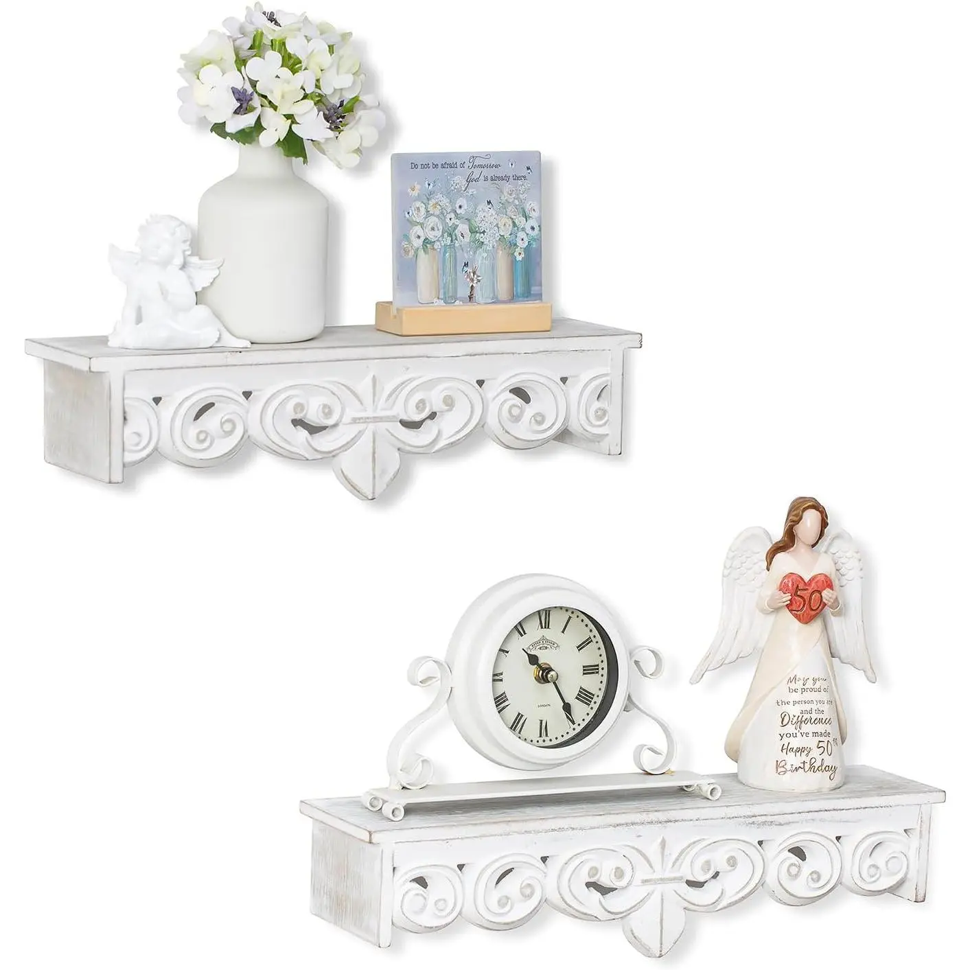 White Vintage Wall Shelves Decor - Antique Floating Shelf Wood Wall French Country Decor Farmhouse Rustic Hanging Shelves for Living Room Bedroom (16.5"+15")