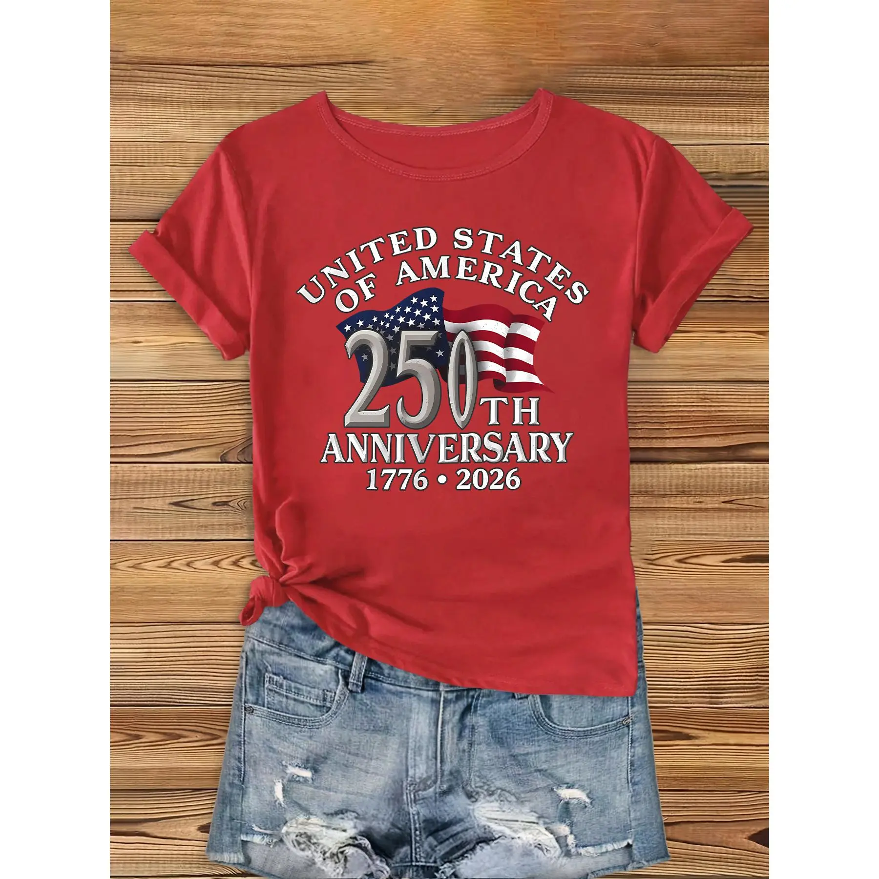 USA 250th Anniversary T-Shirt 1776-2026 - Soft Stretchy Round Neck Short Sleeve Top with Flag & Betsy Ross Suitable for 4th of Parties, Casual Wear, Machine Washable Gift for History Celebration