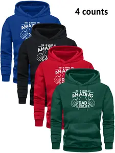 4-Pack Men's Casual Polyester Hooded Sweatshirts, Geometric Pattern, Long Sleeve, Knit Fabric, Elastic, Pocket Design, Fall Winter Fashion