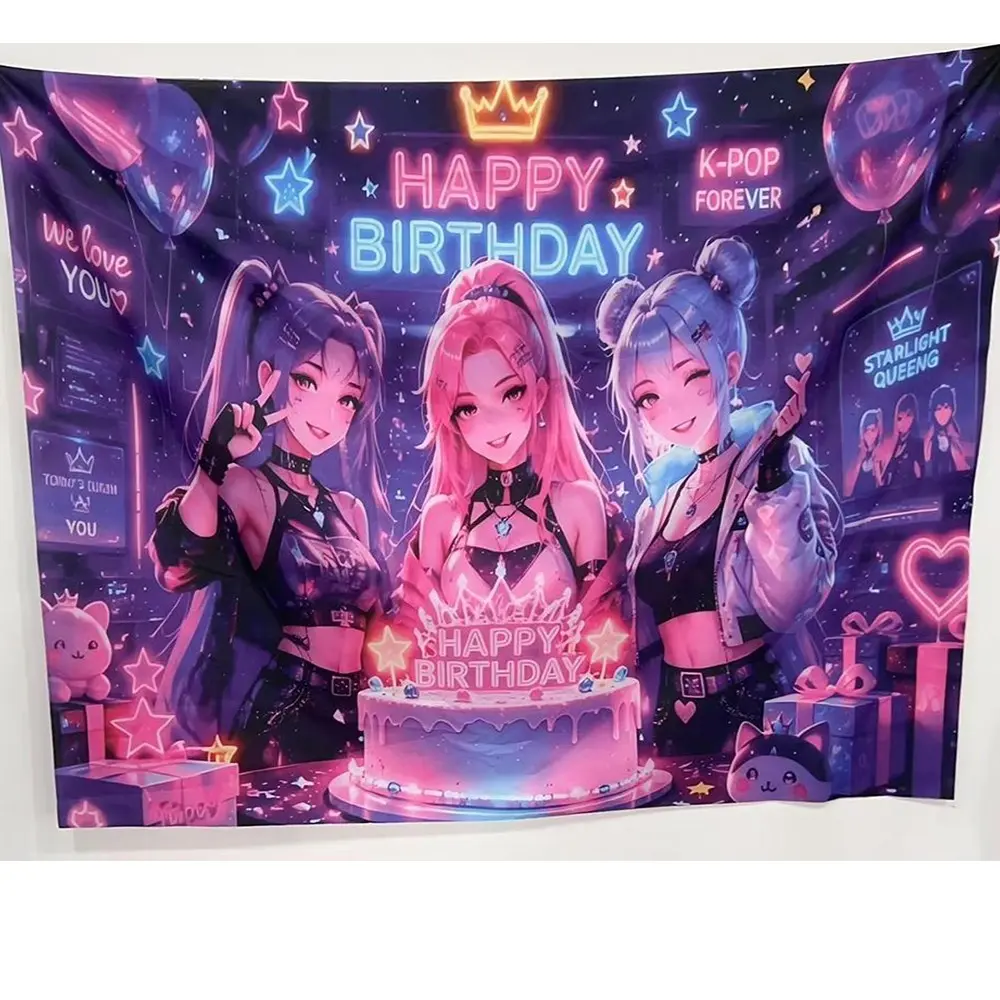 2D Flat banner 1pc neon purple pink cake gift birthday banner cyber birthday style birthday party decoration Party Decorations Banners, live broadcast room check-in, idol theme party setting, Happy Birthday Backdrop polyester