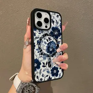 Navy Blue Floral Pattern Magnetic Phone Case, Ultra-Thin Shockproof Protective Cover, Chic Aesthetic Accessory Compatible with Apple Smartphone Series