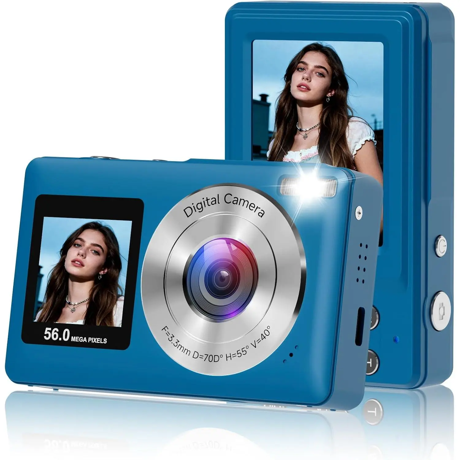 Digital Camera, 2026 Upgraded 56MP  Screens Camera for Selfies, 16X Zoom Travel Cameras with 32GB SD Card, Anti Shake Compact Vlogging Cameras for Boys Girls  Teens Adults,Blue