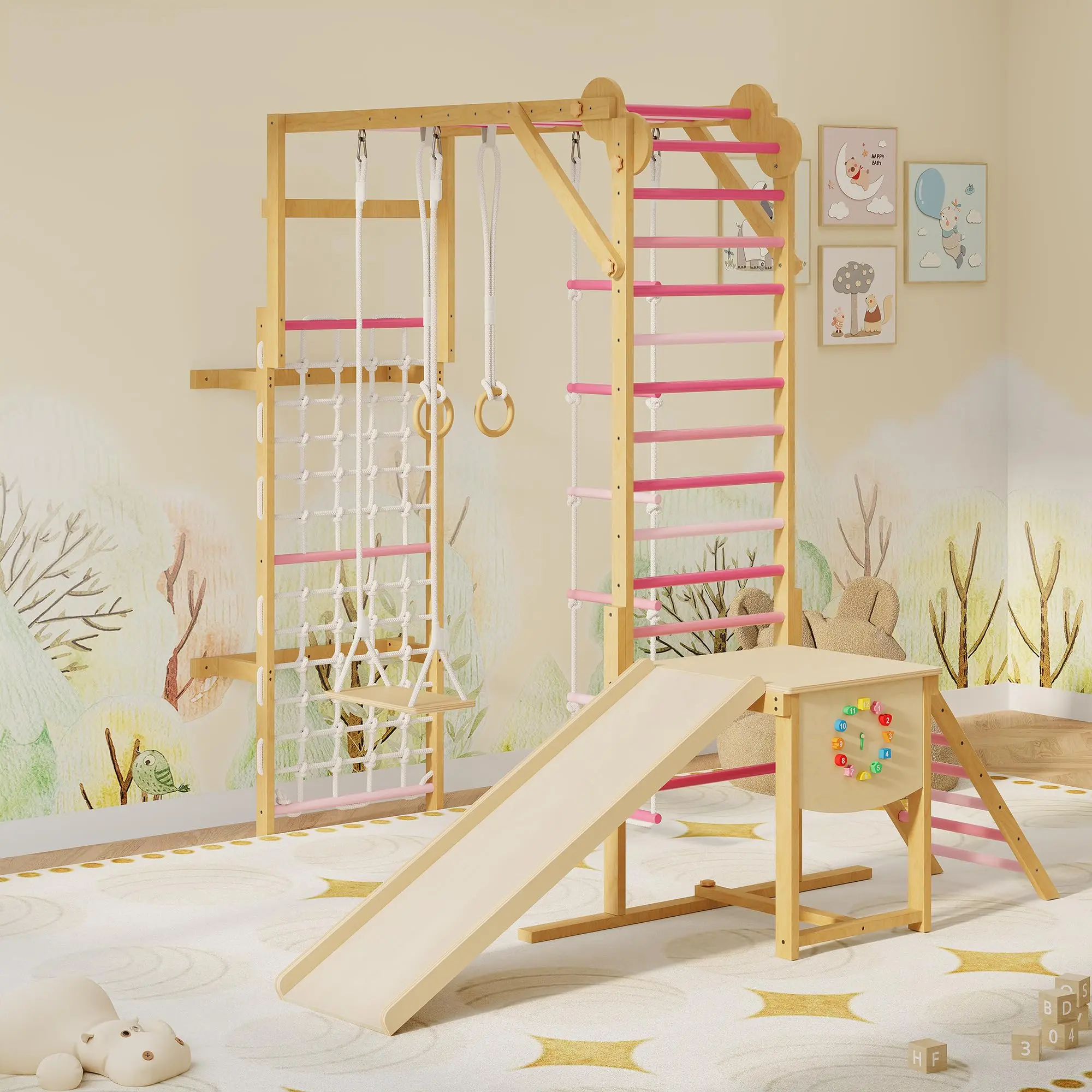 8-in-1 Indoor Jungle Gym for Kids Ages 3-10, Wooden Kids Climbing Structure with Slide and Swing, Monkey Bars Play System with Rope Ladder and Climbing Net, Indoor Playground for Kids Ages 3-10 ﻿