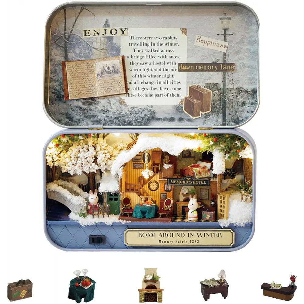 Dollhouse Miniature DIY House Kit Creative Room with Furniture and Cover for Romantic Valentine's Gift(Roam Around in Winter)