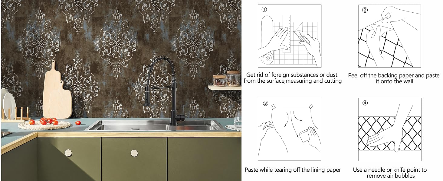 Vintage Peel and Stick Wallpaper Damask Brown/Beige/Teal Vinyl Stick on Wall Paper for Bedroom Home 17.7in x 9.8ft