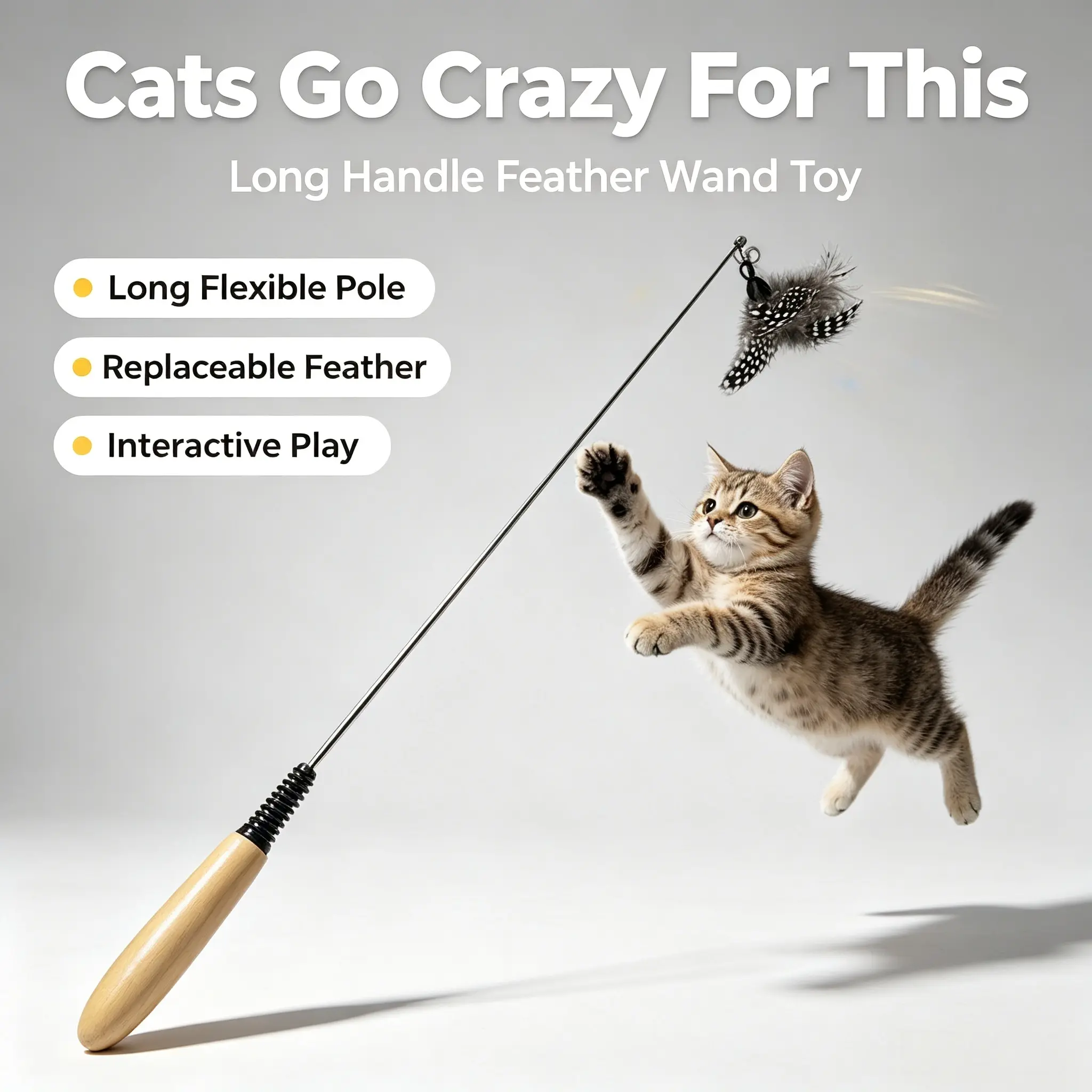 Stretchable Interactive Cat Teaser Wand with Natural Wooden Handle, Imitation Feather Cluster, Boredom Relief Indoor Toy for Hunting Instinct Stimulation, Furniture Scratching Diversion, Universal Fit Cat Gift