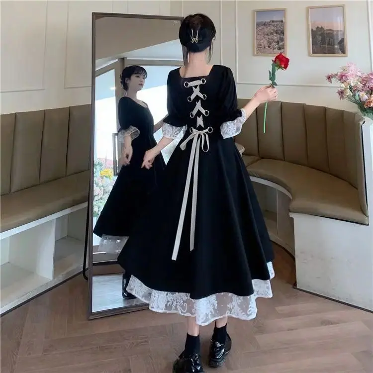 Women's 2025 New Fit Black Hepburn-Style Korean Daisy Lace Large-Size Midi Dress (For Classic Novelty Toy Outfit Accessory Use)