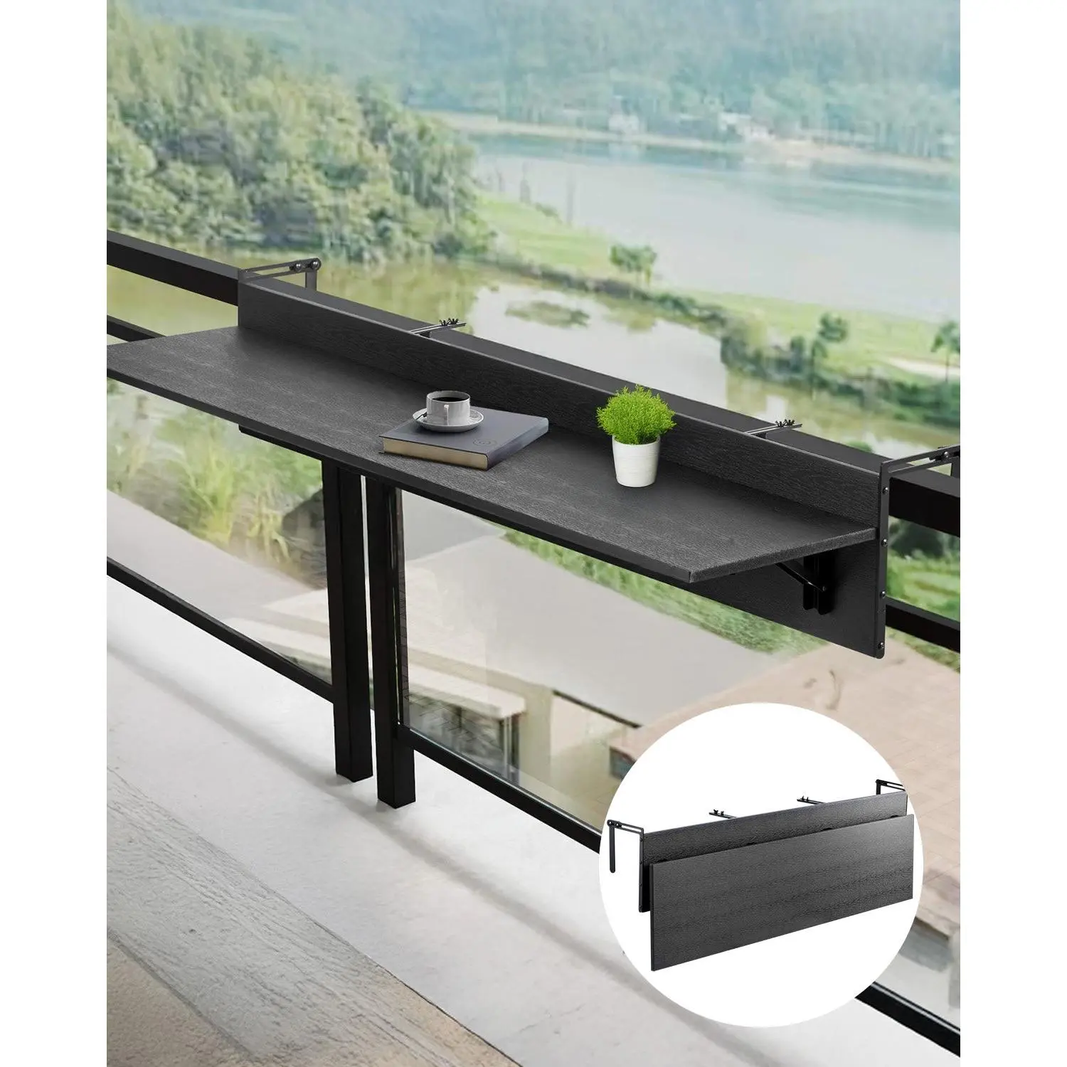 Balcony Hanging Table, 12x 59 in Folding Balcony Railing Table, Outdoor Balcony Bar Table for Railings, 50 lbs Loading, Fit Railing from 1" to 5.9", Serving Table for Patio Deck