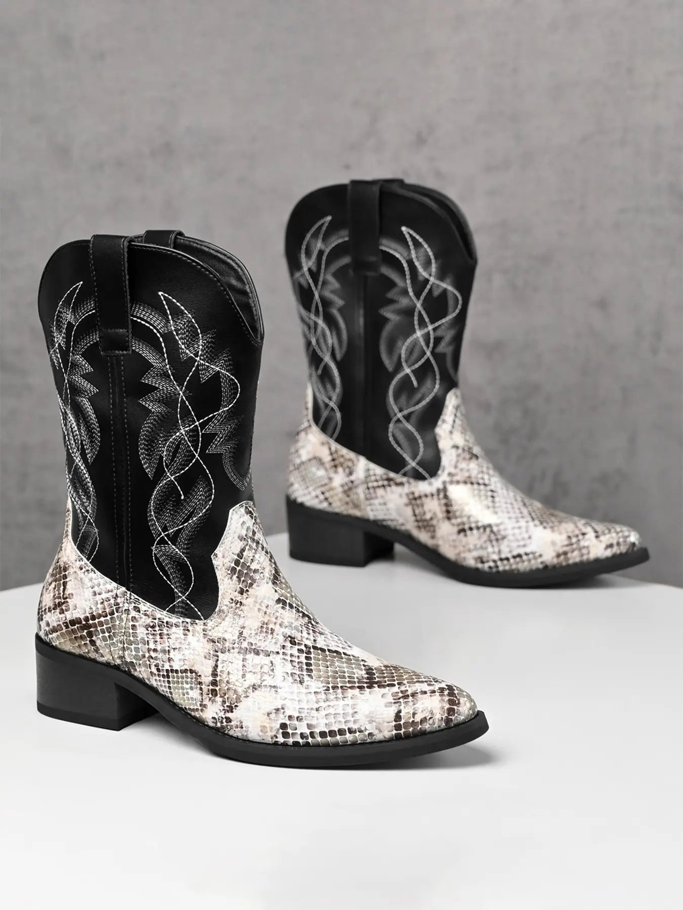 Men's Snake Skin Texture Tall Boots, Motorcycle Boots, Western Cowboy Boots, Cowboy Style, Waterproof Leather, Fall Winter Footwear
