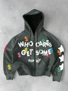 "TikTok Viral 'Who Cares Get Some Money' Graphic Zip - Up Hoodie – Retro Washed Cotton Blend, Streetwear Essential for Casual & Edgy Outfits, Y2K Aesthetic Must - Have"