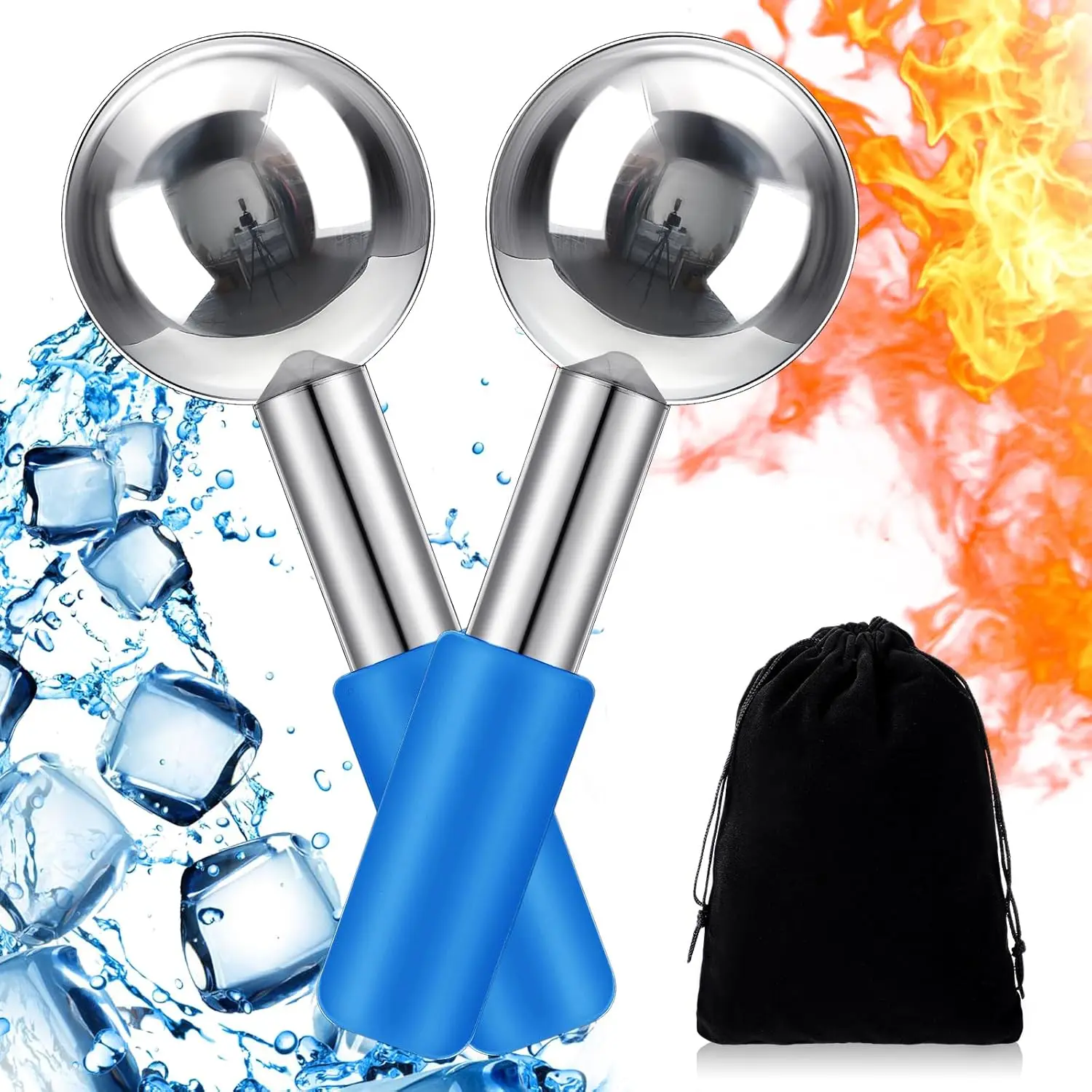 Women's 2-Pcs Stainless Steel Ice Face Globes Roller Set - Unbreakable Cryo Sticks with Blue Handle, Apply Cold for Cooling Relief, Skincare Tool for Dark Circles, Puffiness (Silver)