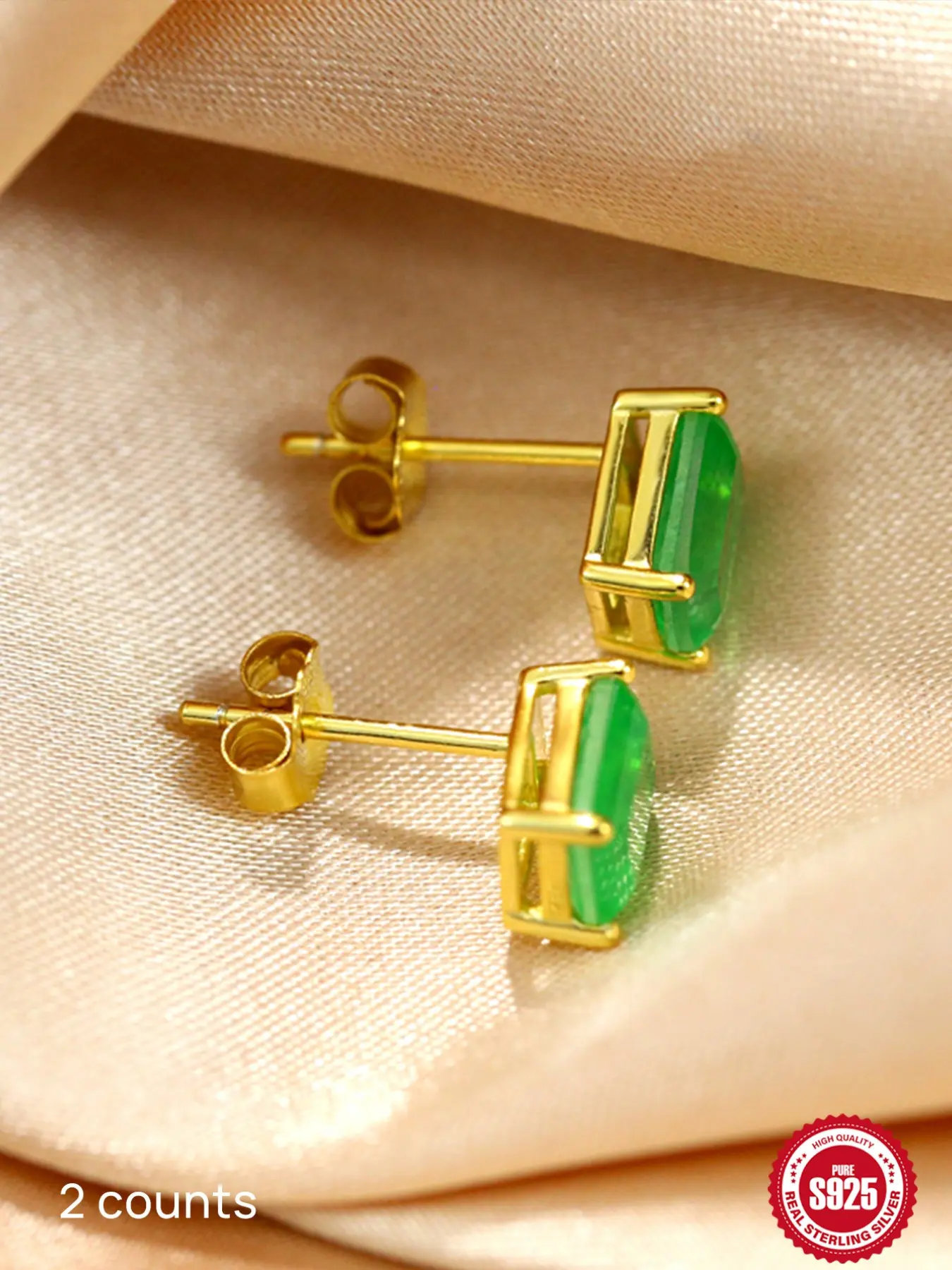 1 Pair Waterproof S925 Sterling Silver Gold Plated Stud Earrings, Non-Tarnish Hypoallergenic Y2K Bling Rhinestone Accessories, Tarnish Free Vintage Emerald Green Gemstone Old Money Elegant Wedding Bridal Statement Ear Studs Jewelry Trendy Gift for Her Wom