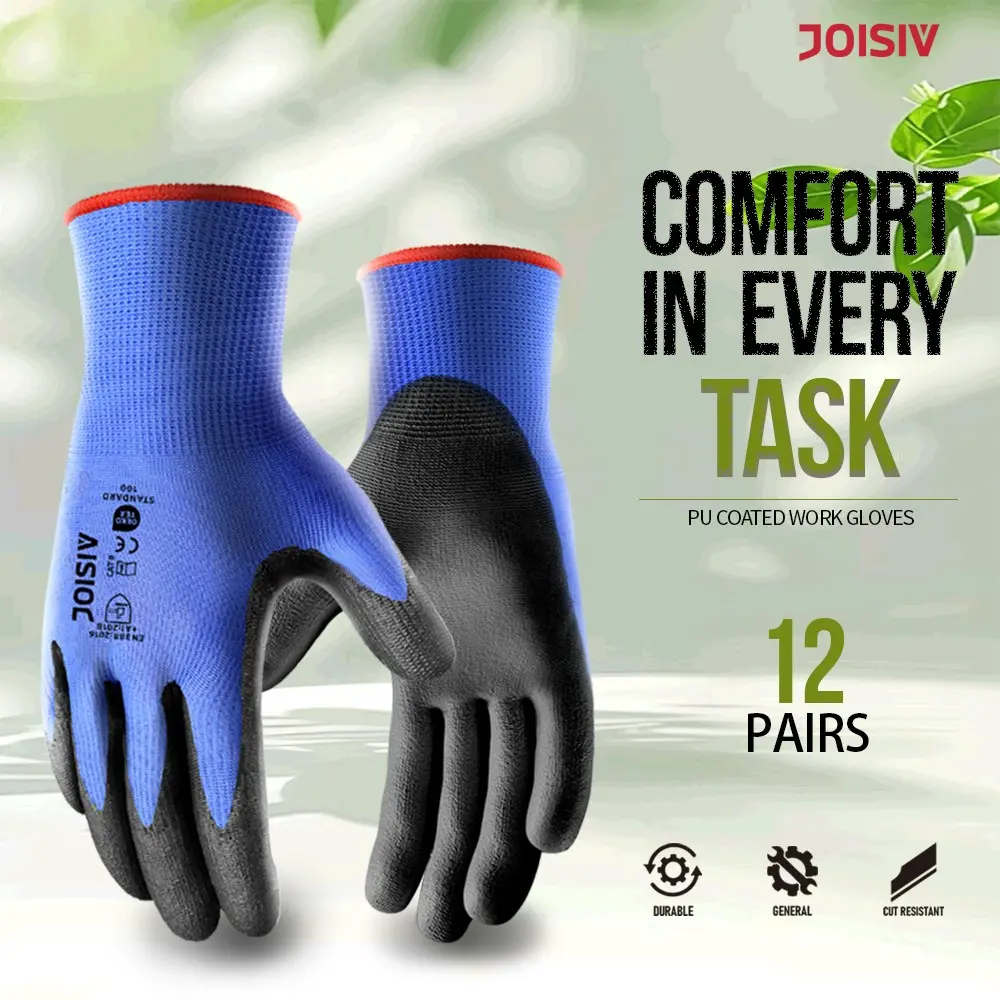 12 Pairs Blue PU Coated Seamless Men's Outdoor Gloves, Durable Non-Slip, Ideal for Construction, Warehouse, Auto Repair