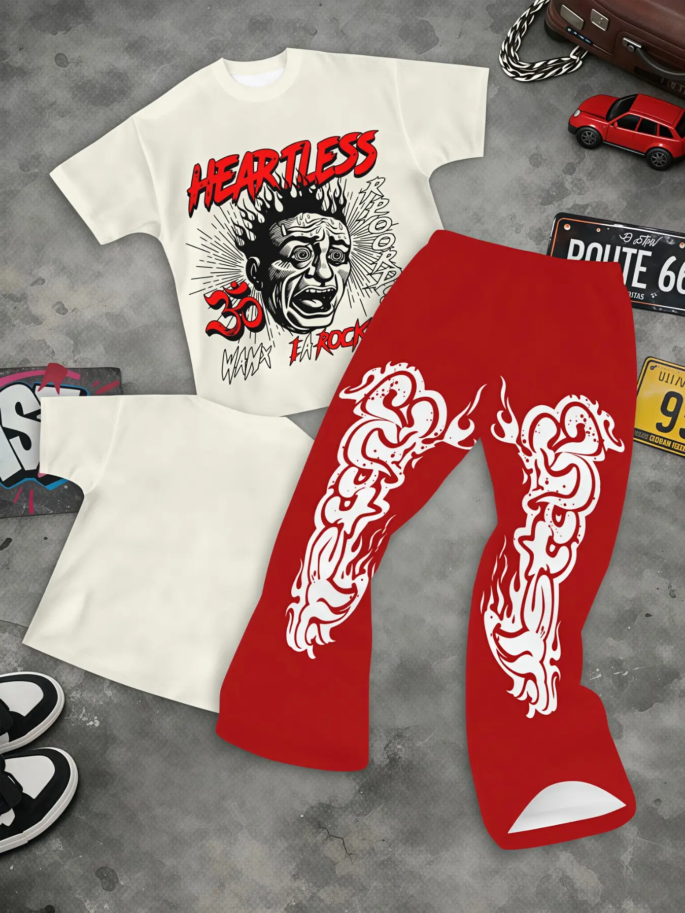 Vintage Rap Hip Hop Men Two Piece Outfit, Heartless Portrait Red Flame Letter Print Tee Solid Red Curved Flare Pants Set, Adult Men For Street Party Trendy Daily Outing, Fast Selling Retro Graphic Street Suit, Streetwear
