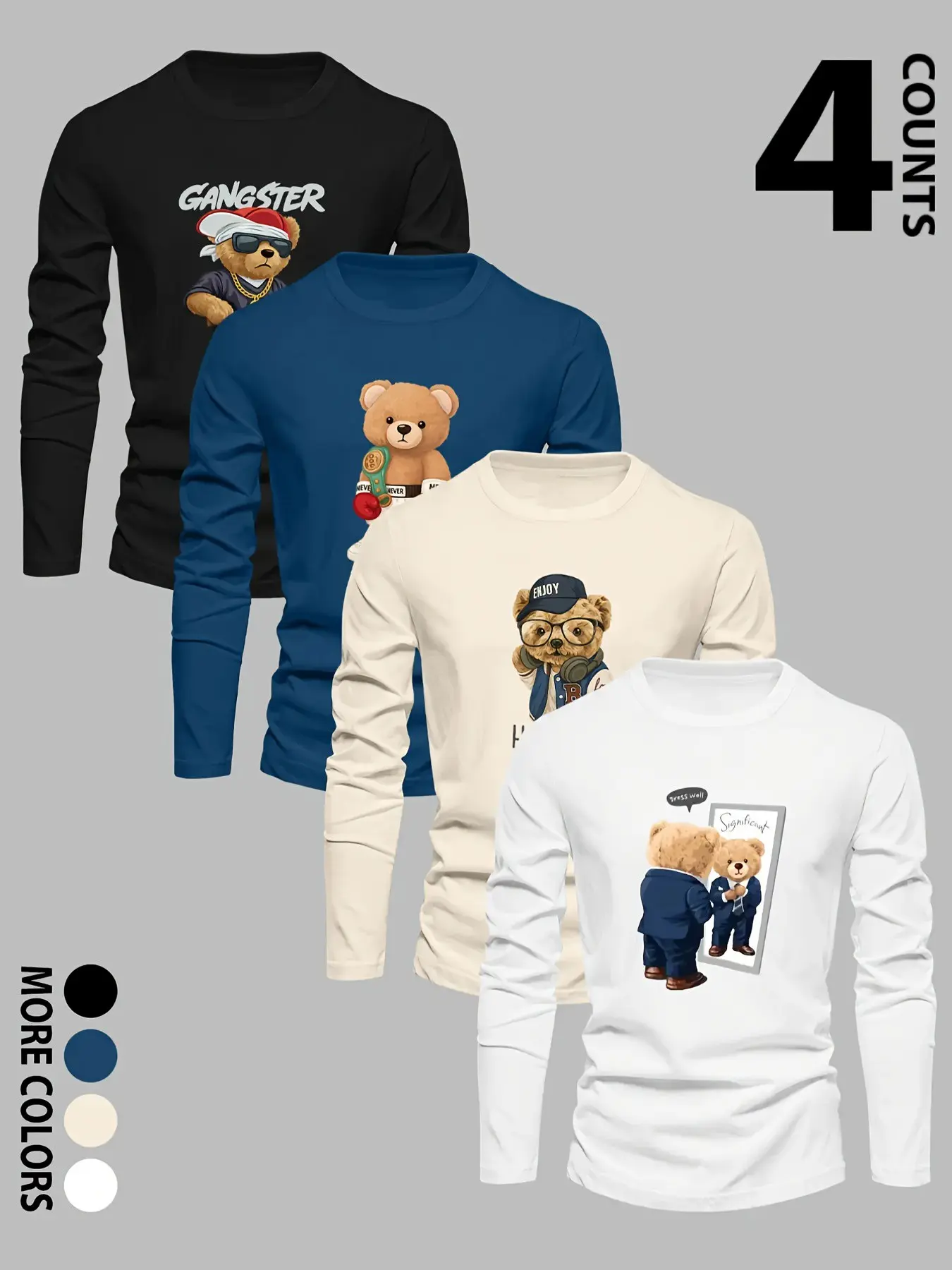 4 Counts Men's American Trendy Teddy Bear Graphic Long Sleeve T-Shirt 4 Pack, Gangster Boxing DJ Suit 4 Styles Crew Neck Soft Cotton Layering Tees For Spring Autumn Street Teen Campus Daily Outfits #mens4packtee #teddybearshirt #menstreetbasics