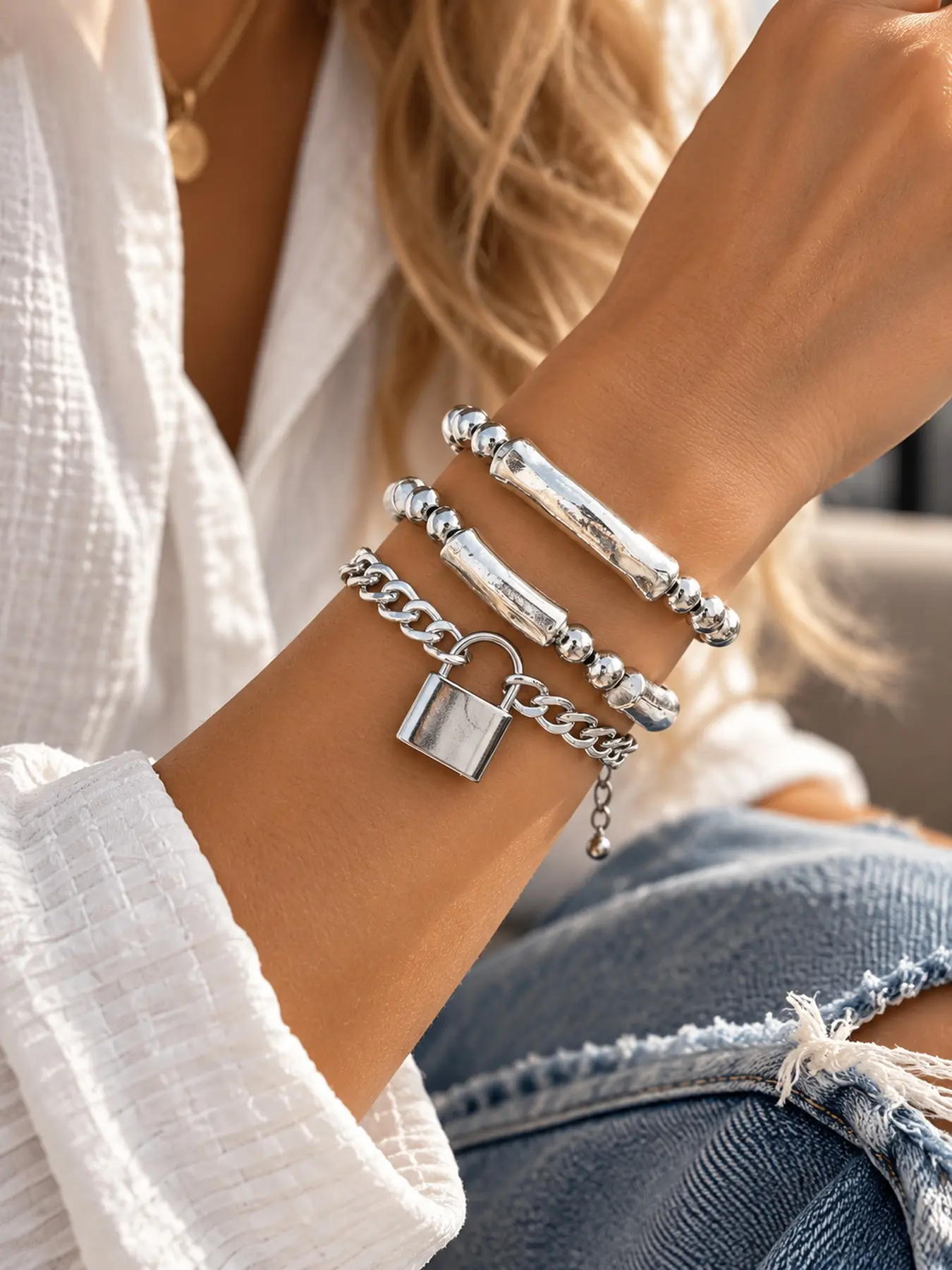 Women's 3pcs Silver-Tone Mix Charm Bracelet Set, Minimalist Stackable Beaded & Cuban Chain & Bamboo Tube Bracelets, Trendy All-Match Costume Jewelry for Daily & Party Wear, Mix Bracelets, Charm Bracelets, Cuban Link Bracelets