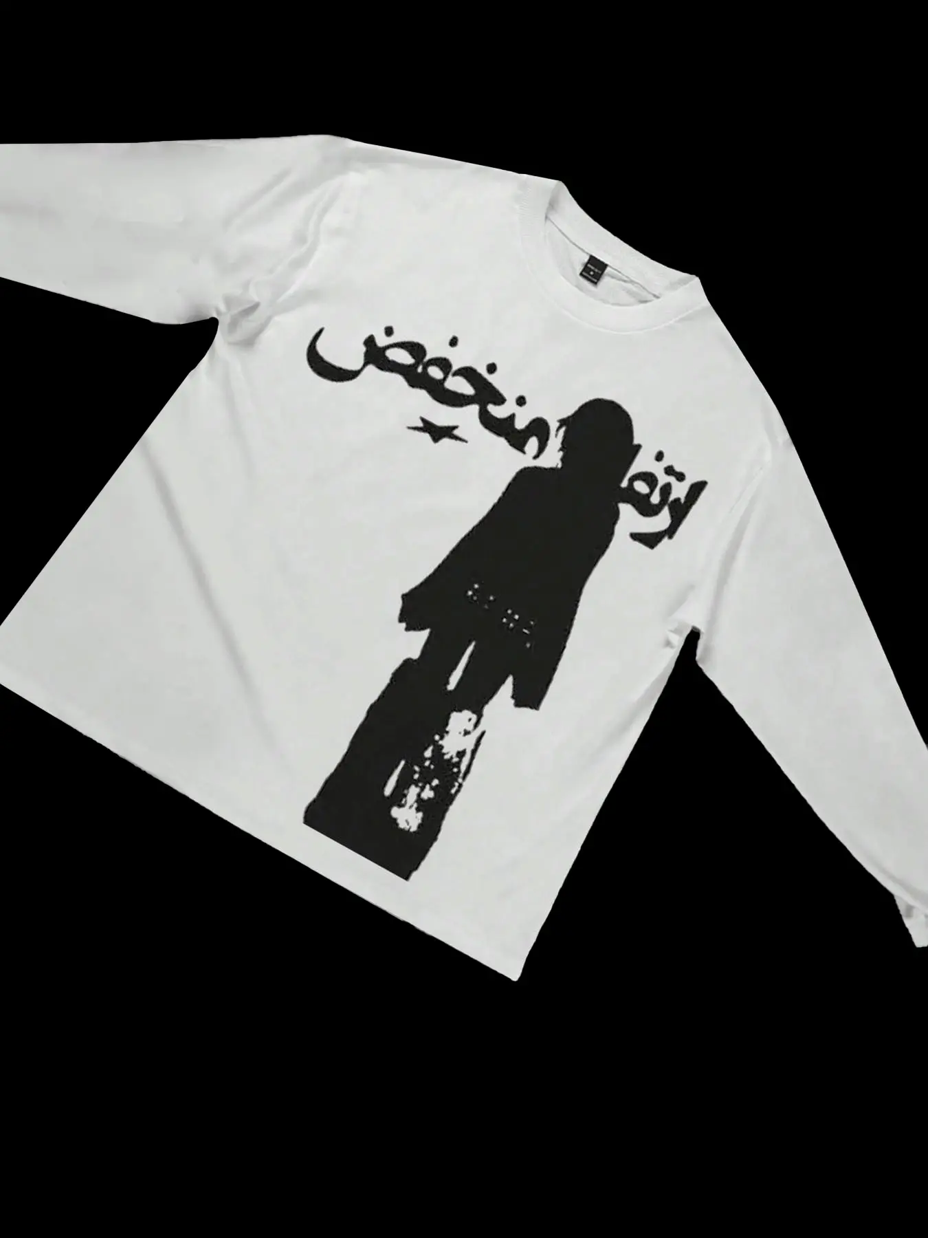 Men's White Oversized Long Sleeve Tee, Arabic Script Star Dark Grunge Human Silhouette Vintage Distressed Y2K Punk Streetwear Loose Crew Neck Long Sleeve Shirt for Men