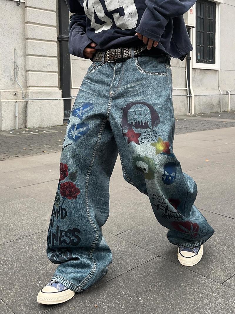 Men's Star Patched Denim Effect Print Pocket Wide Leg Pants, Loose Street Fashion Casual Pants for Daily Wear, Men's Bottoms for All Seasons, Casual Comfy Pants, Star Print Pants, Ripped Streetwear