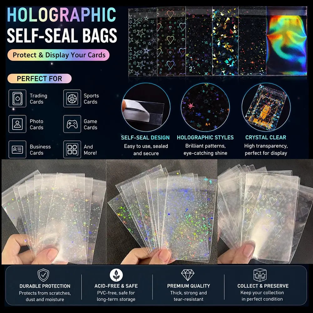 100pcs 65x90mm Holographic Resealable Card Sleeves Laser Foil Protective Sleeves for PKM PTCG YGO Baseball Trading Cards Anti-Scratch Waterproof Acid-free