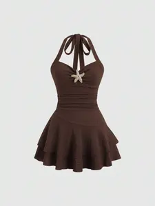 Women's Summer Beach Vacation Dress, Elegant Chic Plain Fabric, Halter Neck, Front Pleats, Metal Decor, Layered Ruffles, Playful Mini Dress