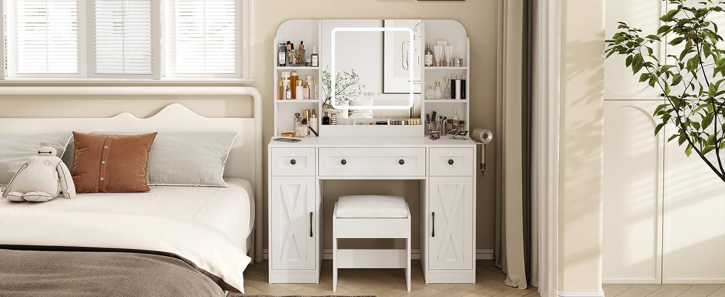 Vabches Makeup Vanity Desk, Vanity Mirror with Lights Desk and Chair, White Vanity Table with Large Storage Drawers and Shelves, Time and Temperature Display, 3 LED Lighting Modes Adjustable, White