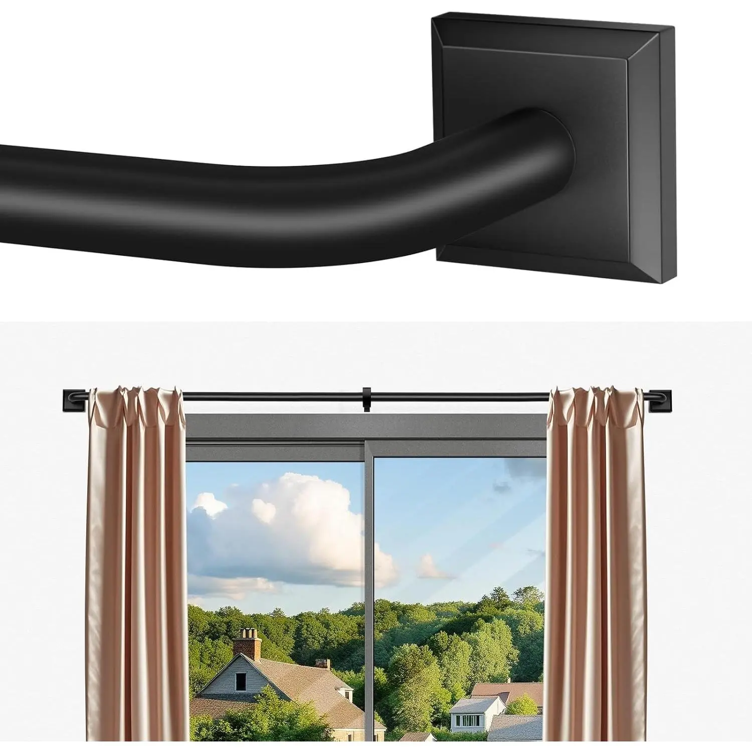 Stainless Steel Adjustable Heavy-Duty Black Single Curtain Rod - 48-90in (4-7.5ft) Wrap-Around Curved Return Light Blocker, Window Covers for Bedroom, Living Room Windows