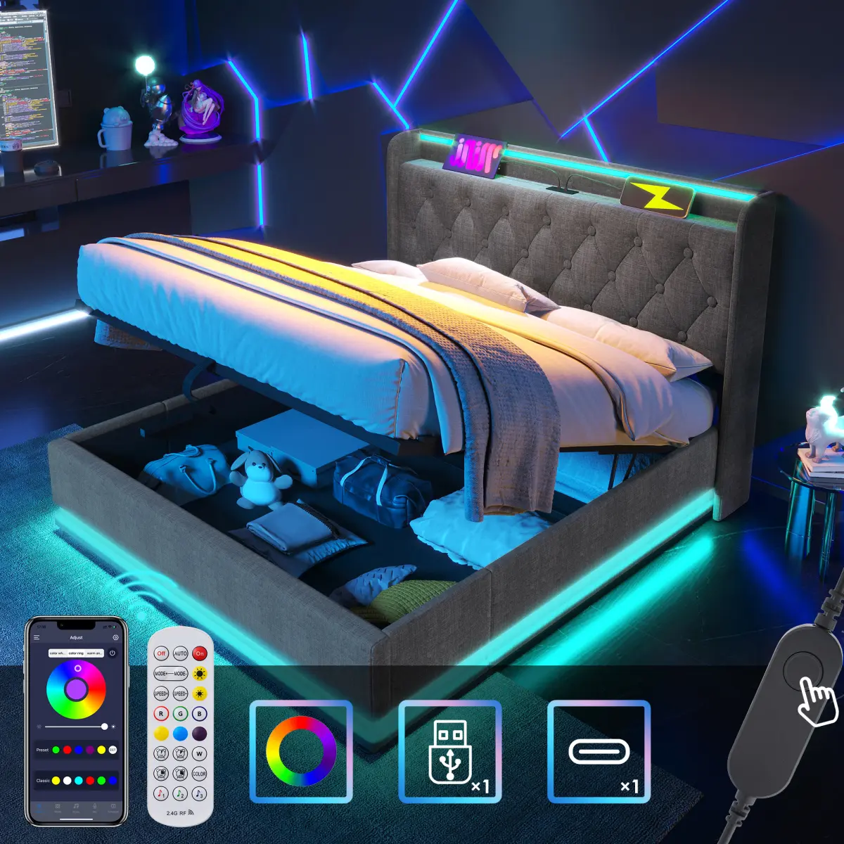 King Size Smart Upholstered Bed with 360° LED Lights, App/Remote/Button Control, Hydraulic Storage, USB Type-C Charging, Gray Linen