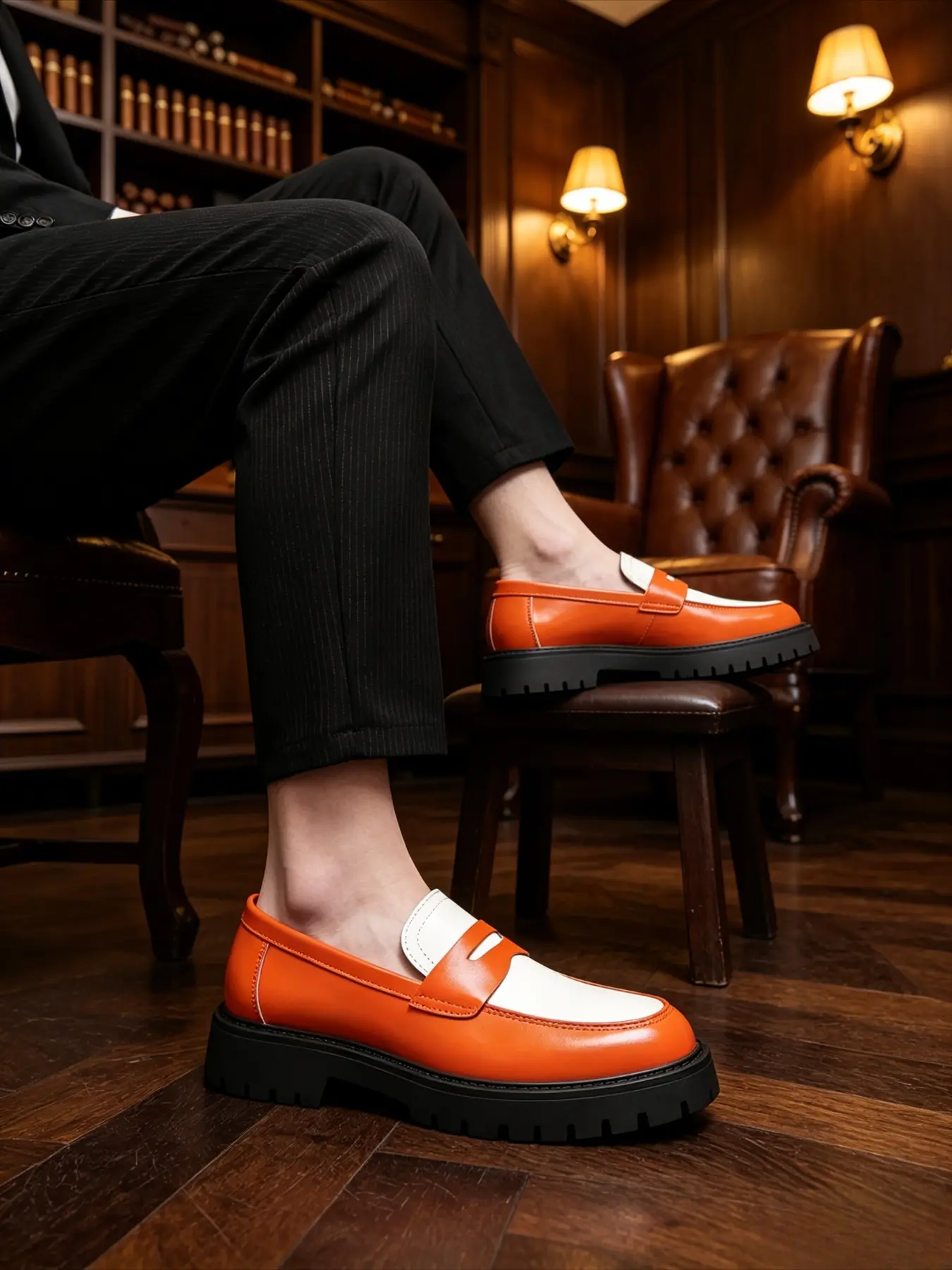 Men's orange and white color-block penny platform slip resistant, Fashionable loafers, polished first-layer cowhide height-increasing and anti-slip slip-on lazy shoes, retro street stage party light business wear casual formal men's shoes