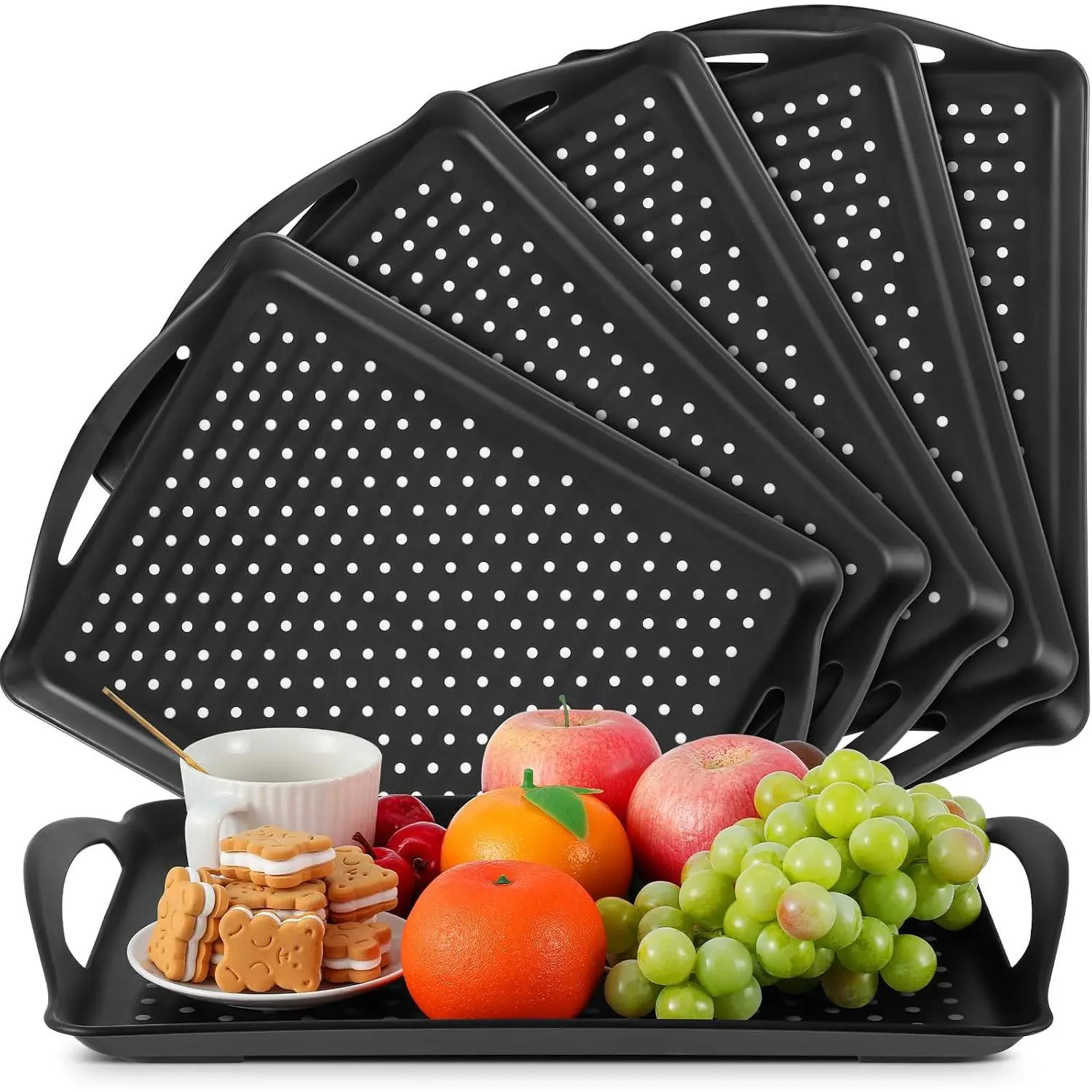 6 count Non Slip Serving Tray with Handles 16.8 x 11.6 Inch Large  Trays for Eating Breakfast Dinner Bed Snack Fruit Dessert Drink Beverage(Black)