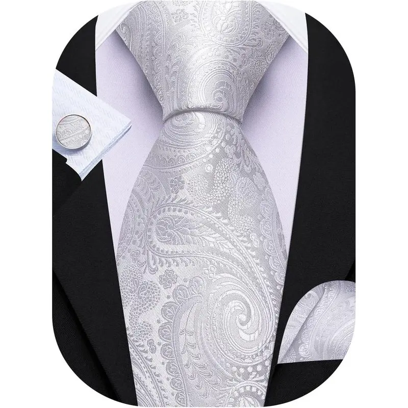 Men's White Paisley Silk Necktie Set, Classic Formal Wear Male Accessory with Pocket Square, Cufflinks, Smooth and Comfortable Fabric, Easy to Match with Shirts and Suits, Party, Traditional Wedding Style Neckties, Classic And Versatile Design, White A, B
