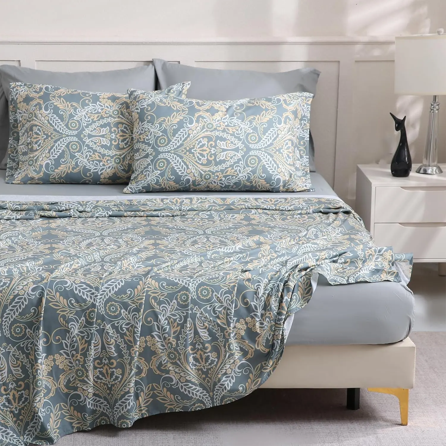 Paisley Queen Size 6 Pcs Sheet Set, Breathable Microfiber Deep Grey Fitted Sheets, Comfy & Breathable Patterned Flat Sheets,4 Gentle Soft Pillowcases, Green Pasliey