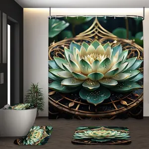 LVRLVR 4Pcs Golden Frame Water Drop Lotus Zen Spiritual Modern Luxury Art Style Dark Green Cream Gold Tone Shower Curtain Set 70.8×70.8 Inch