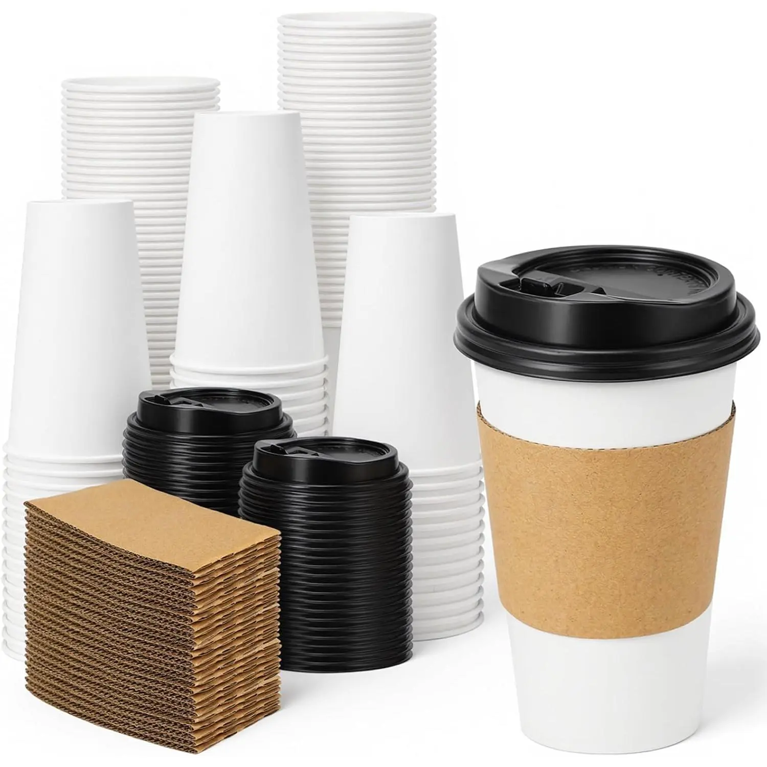 100-Pack 16oz Leak-Proof Strawless Cylindrical Solid Plastic Disposable To-Go Cups with Lids & Sleeves, Hot/Cold Beverage Cups for Everyday Home, Office Use