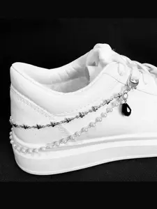 Fashion Chain Pearl Double Layer Shoe Laces, Canvas Shoes Lace, Simple Hip Hop Style, Metal Heart Pentagon Star Pearl Shoelaces