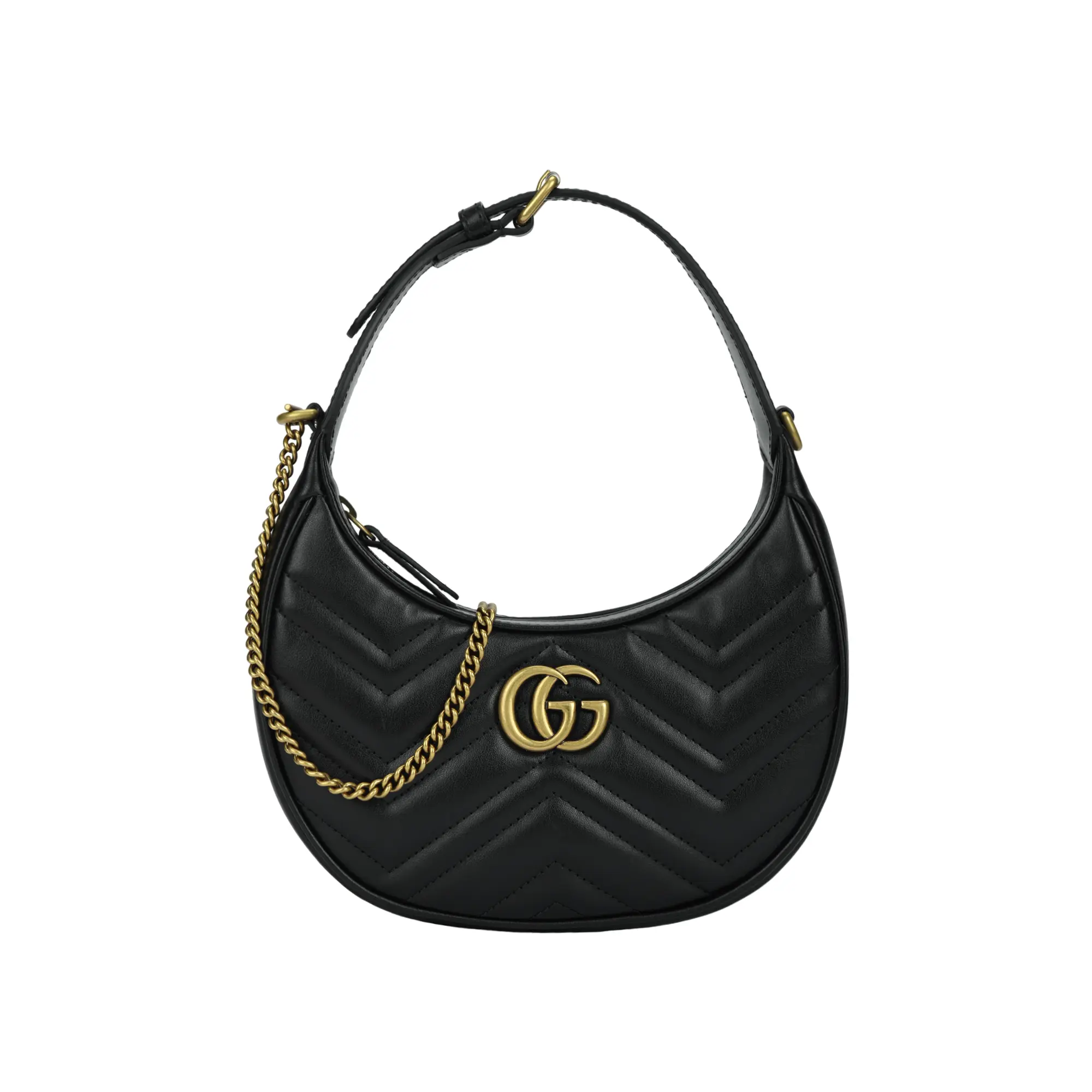 Gucci GG Marmont Distressed Gold Double-G Chain Crossbody Bag for Women, Quilted V-Shaped Leather Shoulder Bag in Black