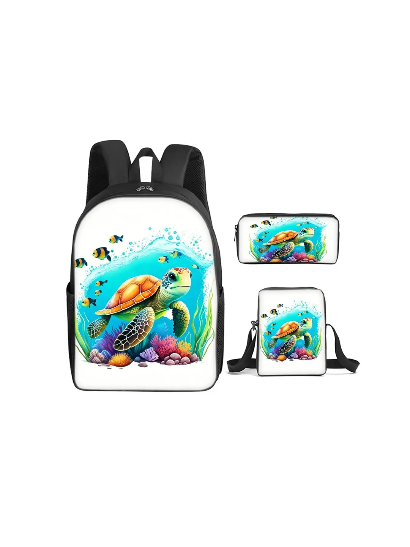 16‑Inch 3‑Piece Backpack Set with Turtle 2D Print (Single‑layer Backpack + Small Crossbody Bag + Single‑layer Pencil Case). Suitable for outdoor trips and daily school use. Get everything you need in one set, ideal as a holiday gift for kids and friends.